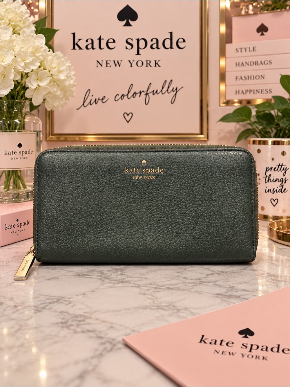 Kate Spade Dark Green Pebbled Leather Zip Around Wallet